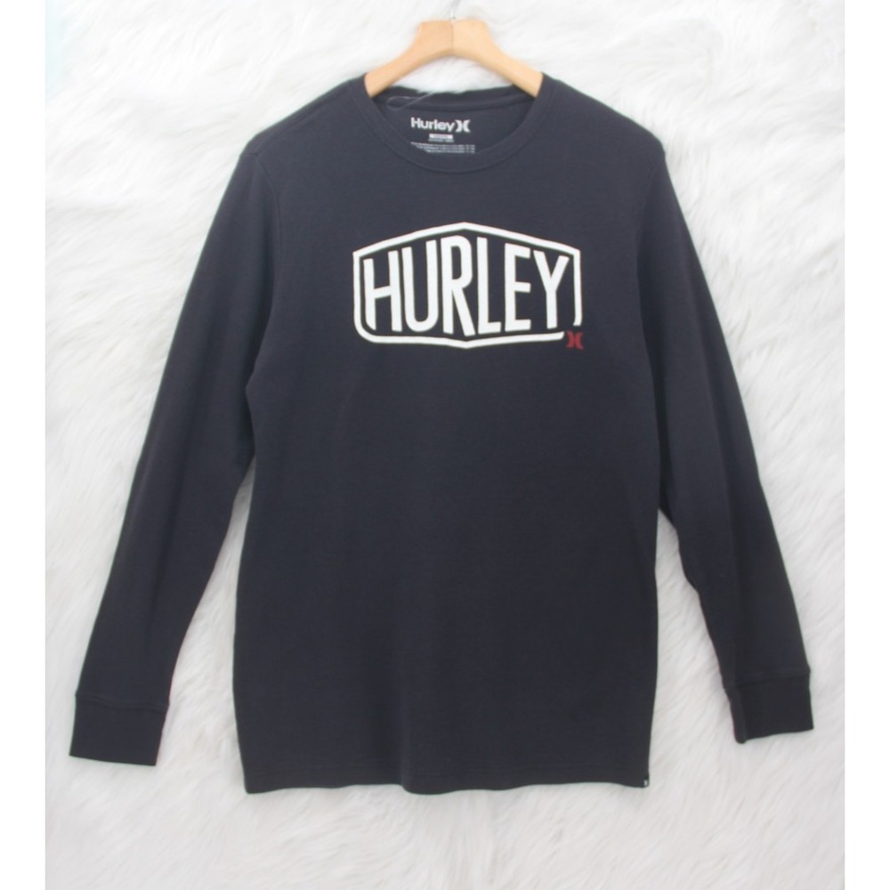 Hurley Men Long Sleeve Waffle Knit Graphic Crew Neck T-Shirt Black M Skater Surf